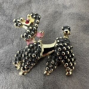 Vintage Gold Tone French Poodle Brooch Pin Pink Bow Red Eye Popcorn Fur Design